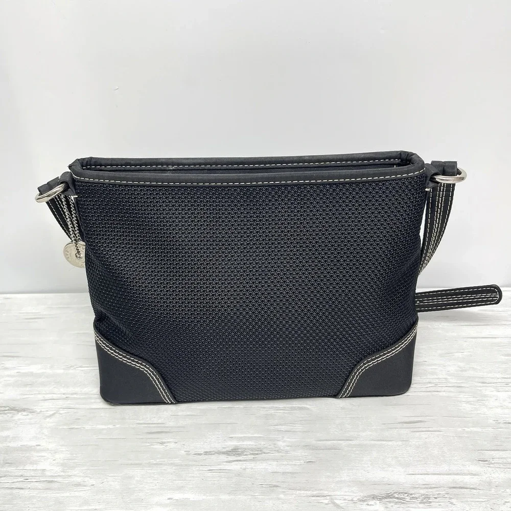 The Sak Black Woven Small Textured White Stitching Shoulder Bag Adjustable Strap